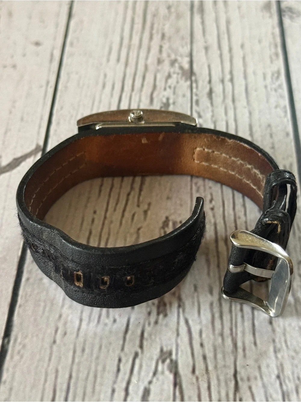 Roxy Black Leather Strap Crystal-Trim Rectangle Watch